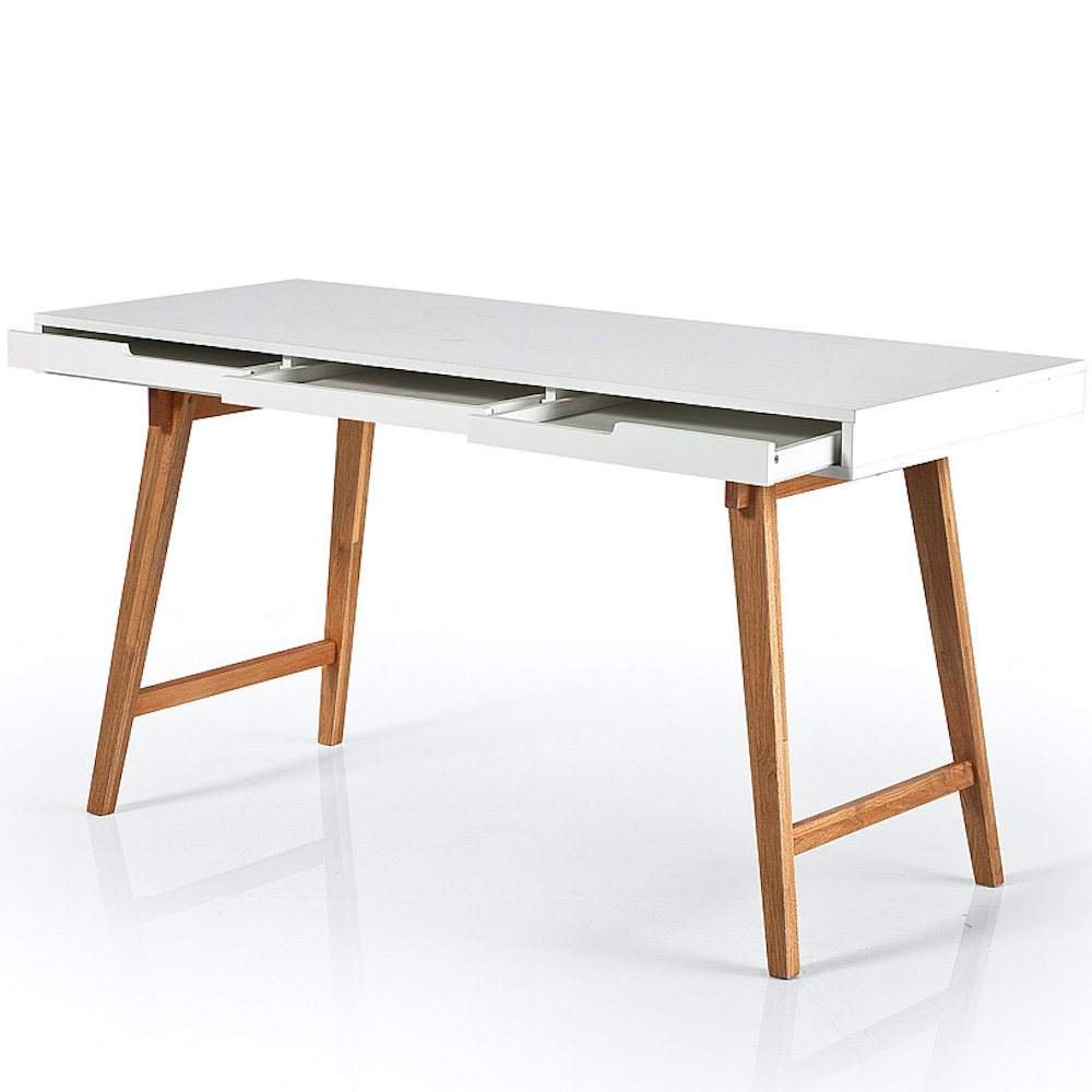 Bureau style scandinave FALCO blanc et bois 3 tiroirs